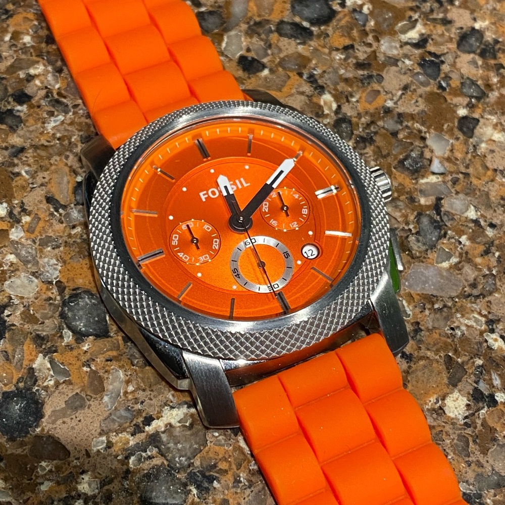 Mens Stainless Steel Fossil Machine Chronograph Silicone Watch - Orange FS4806